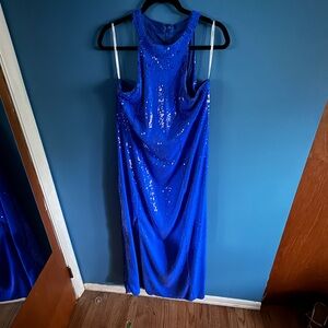 Eloquii Blue Sequin Ruched Halter Gown